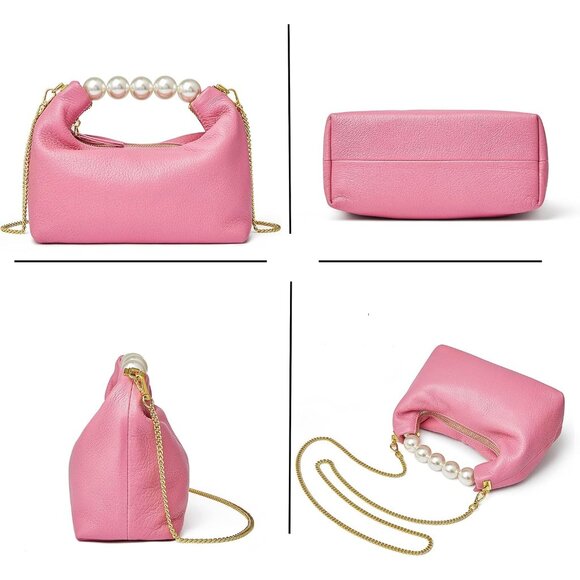⚡ Women's Top Handle Chain Pearl Strap Leather Crossbody Tote Pink Bag - Picture 6 of 7